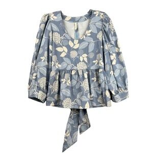 Floral Print Peplum Blouse Puff Long Sleeve Tie Back Womens Medium Blue